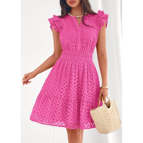 Women's Rose Red V Neck Eyelet Cap Sleeve Summer Beach Vacation Sundresseses - Picture 8 of 8